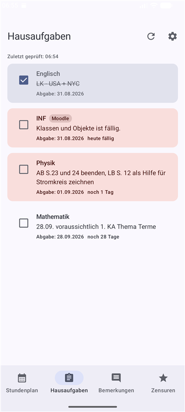 Hausaufgaben-Ansicht mit Moodle-Termin