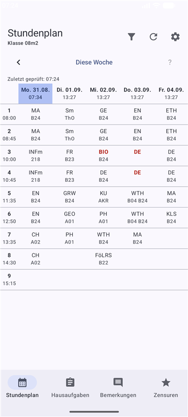 Stundenplan-Ansicht der EOSWmobil-App mit Wochenübersicht